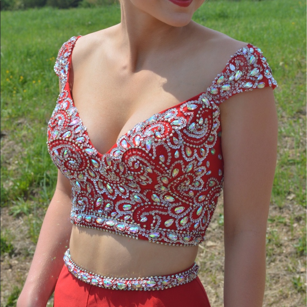 Red Two-Piece Prom Dress with Leg Slit